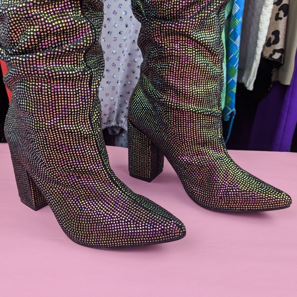 Rainbow rhinestone slouchy high heel boots - Picture 4 of 7